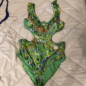 Aerie Full Coverage Ruffle Floral Print One Piece Bathing Suit size: L